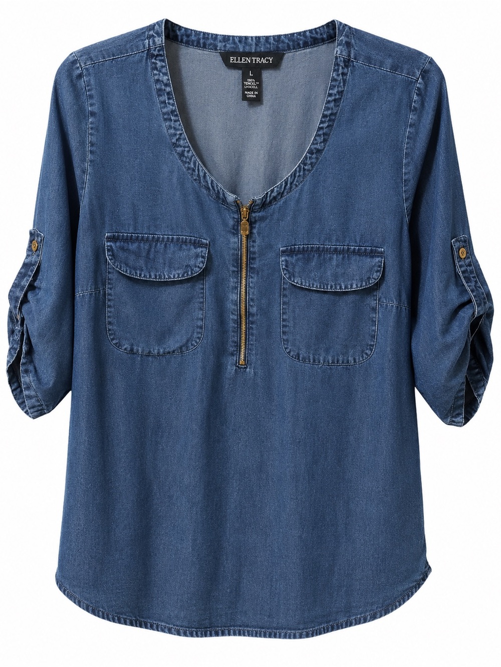 Ellen Tracy Indigo Blue Denim-Look Button Down Shirt Large